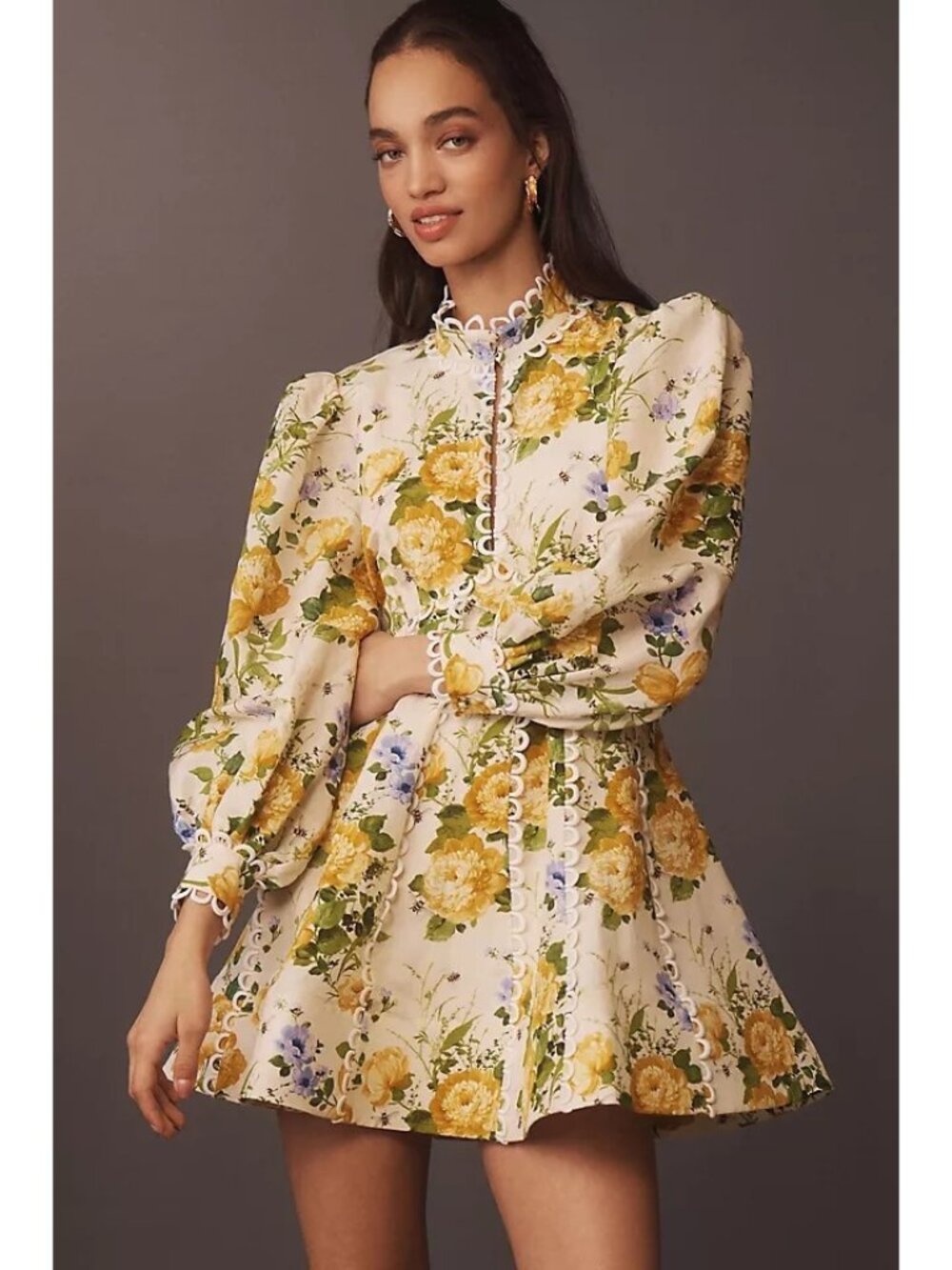 Anthropologie BHLDN Kali Long Sleeve Linen Dress Romance Floral Womens 12